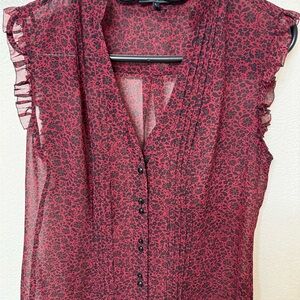 Vintage Guess Red w/ black paisly Ruffled Sleeveless Blouse with Mandarin Collar